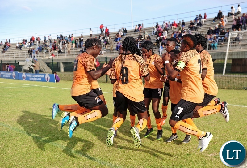 Zambia players celebrate a goal scored by Lushomo Mweemba (2) during the 2018 Cosafa Womens Championship game between Zambia and Cameroon at Wolfson Stadium in Port Elizabeth on 15 September 2018 © Ryan Wilkisky/BackpagePix