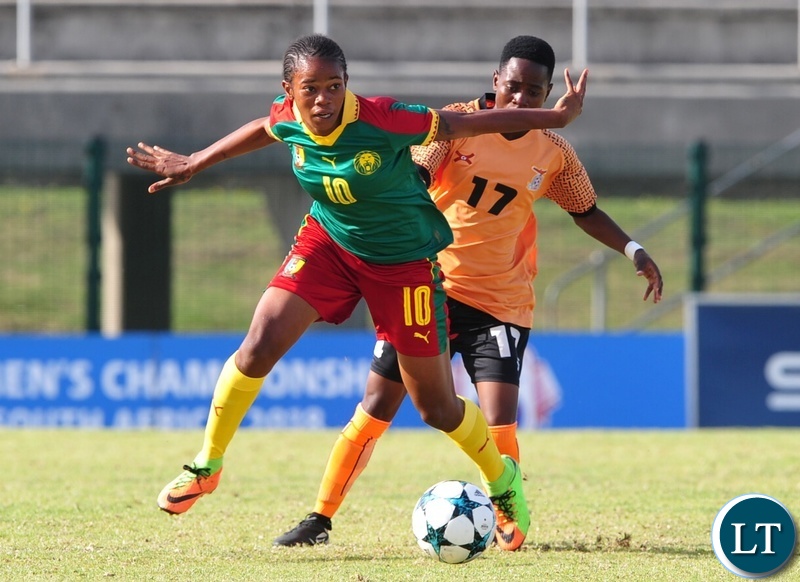 Charlene Yverna Meyong Menene of Cameroon is challenged by Mary Mwakapila of Zambia during the 2018 Cosafa Womens Championship game between Zambia and Cameroon at Wolfson Stadium in Port Elizabeth on 15 September 2018 © Ryan Wilkisky/BackpagePix