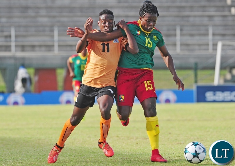 Barbra Banda of Zambia and Sonkeng Ysis Amariele of Cameroon battle for possession during the 2018 Cosafa Womens Championship game between Zambia and Cameroon at Wolfson Stadium in Port Elizabeth on 15 September 2018 © Ryan Wilkisky/BackpagePix