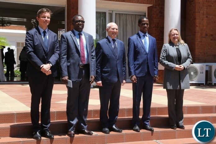 President Edgar Lungu (2nr) Special Envoy for the Great Lakes Region Said Djinnit (Third from right) UN Resident Coordinator to Zambia Janet Rogan (r) Minister of Foreign Affairs Joseph Malanji (2nl) and Political Affairs Officer Benoit Pylyser taking the official photo shortly after the courtesy call at State House