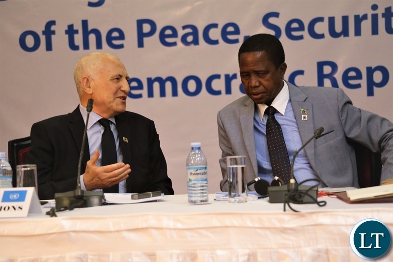President Lungu speaking to the UN Secretary-General's Special Envoy to the Great Lakes Region, Mr.Said Djinit before the official opening of the 9th summit of the Regionaloversight mechanism of peace, security and cooperation frame work for Congo DR