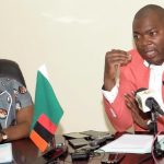 Lusaka Province Minister , Bowman Lusambo with his acting Lusaka Province Permanent Secretary, Edith Muwana during a press briefing at his office