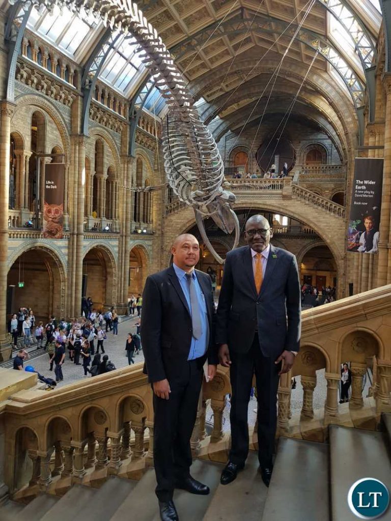 Hon. Charles Banda with Assistant Director Conservation and Management at the Department of National Parks and Wildlife Andrew Chomba Eldred after a meeting at the Natural History Museum in London