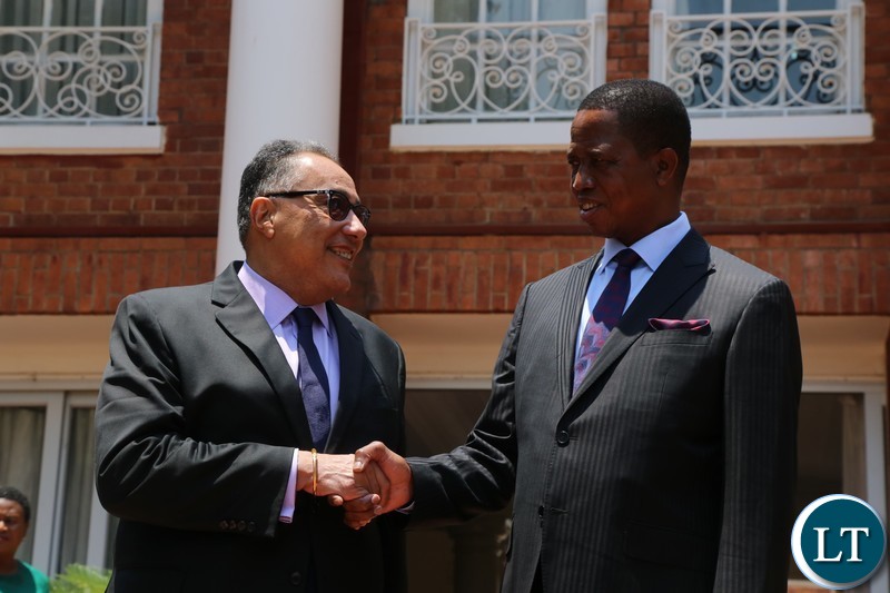 President Edgar Lungu having a lighter moment with World Bank Region Vice President Mr.Hafez Ghanem when he paid a courtesy call on him at State House