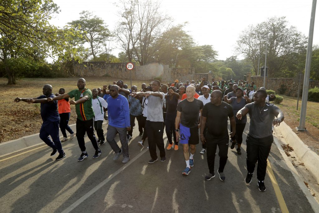 LEFT:President Edgar Chagwa Lungu,12th Israeli Prime Minister Ehud Olmert and Health Minister Dr. Chitalu Chilufya during the morning exercise in Lusaka on Saturday,October 20,2018.. PICTURE BY SALIM HENRY/STATE HOUSE ©2018