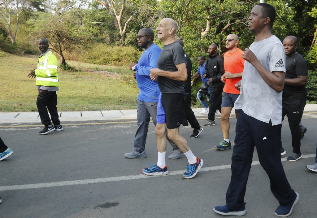 LEFT:President Edgar Chagwa Lungu,12th Israeli Prime Minister Ehud Olmert and Health Minister Dr. Chitalu Chilufya during the morning exercise in Lusaka on Saturday,October 20,2018.. PICTURE BY SALIM HENRY/STATE HOUSE ©2018