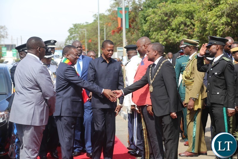 President of Zimbabwe,Emmerson Mnangagwa is welcomed by Lusaka Mayor.Miles Sampa at freedom statue for wreath laying ceremony in Lusaka.