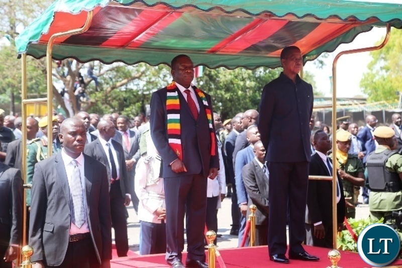 President Edgar Lungu and his counterpart,President of Zimbabwe,Emmerson Mnangagwa at freedom statue for wreath laying ceremony in Lusaka.