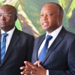 Director of British American Tobacco,Godfrey Machanzi(r) addressing the media during the tour of cigarette manufacturing factory company which has invested over $ 25 million in construction at the Multi Facility Economic Zone in Lusaka.Looking on is Head of operations,Jerry Chivambo.