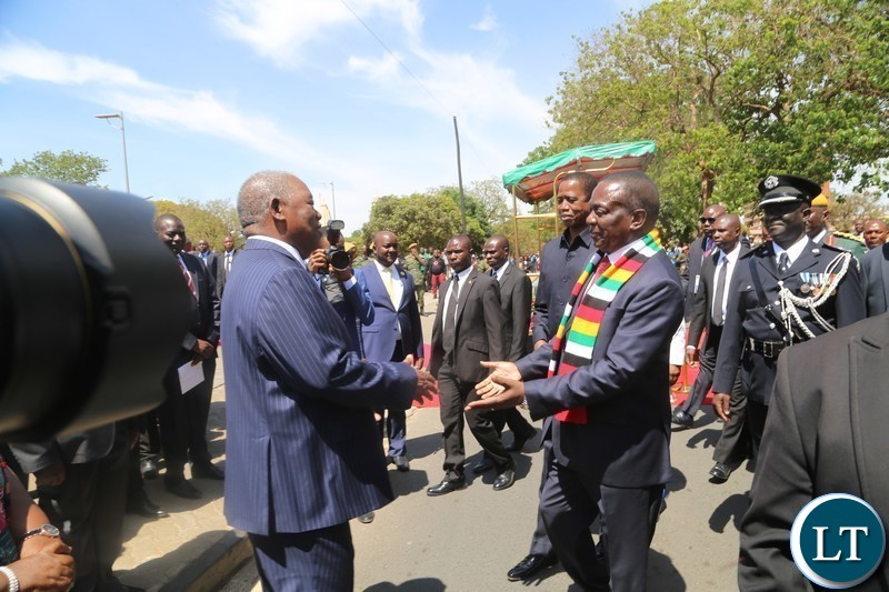 President of Zimbabwe,Emmerson Mnangagwa is welcomed by former fourth President of Zambia,Rupiah Banda at freedom statue for wreath laying ceremony in Lusaka.