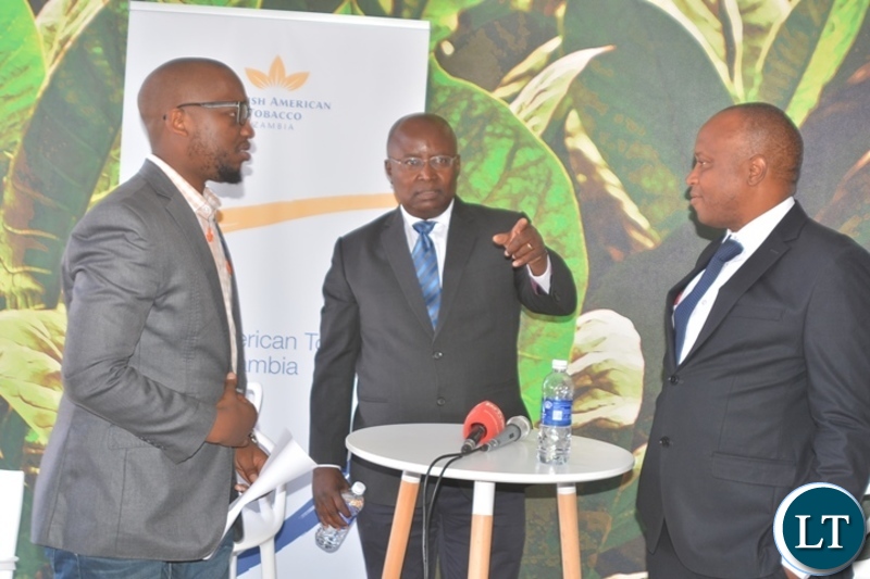 Head of legal,Mdu Lokotfwako(left) at the media briefing on manufacturing factory company which has invested over $ 25 million in construction at the Multi Facility Economic Zone in Lusaka.Looking on is Head of operations,Jerry Chivambo(m). Director British American Tobacco,Godfrey Machanzi(r)