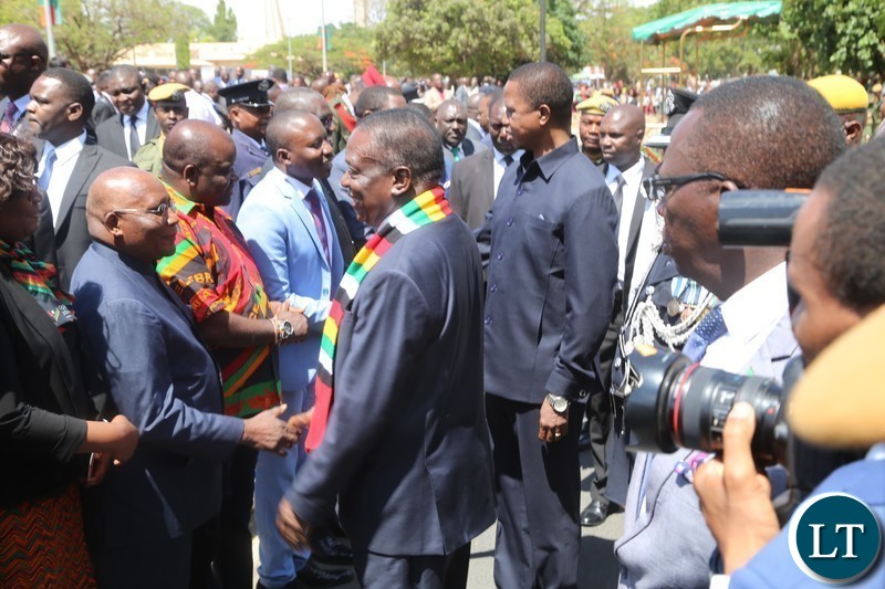 President Edgar Lungu and his counterpart,President of Zimbabwe,Emmerson Mnangagwa at freedom statue for wreath laying ceremony in Lusaka.