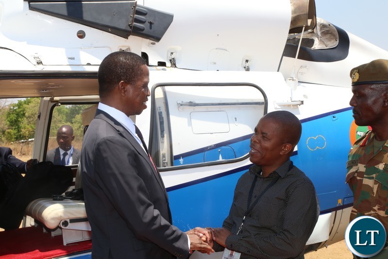 Central Province Minister Sidney Mushanga welcomes President Edgar Lungu before he officially opened the Central Province Investment Forum and Expo in Kapiri