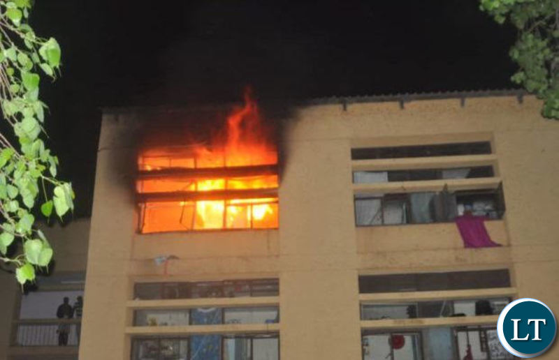 A burning hostel at October block which houses female UNZA students