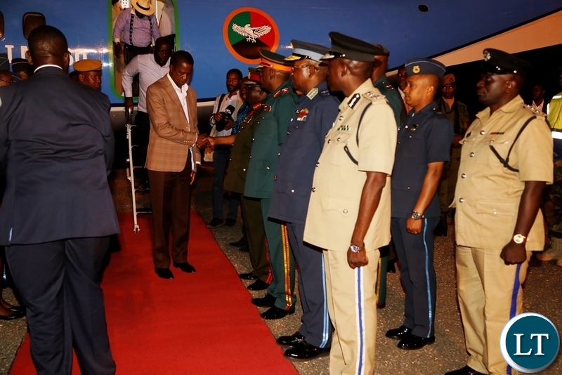 President Edgar Lungu being welcomed by Service Chiefs shortly after his arrival at City Airport yesterday 18-11-2018. Picture by ROYD SIBAJENE/ZANIS