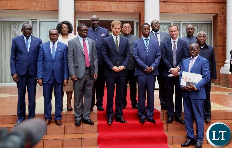 FILE: Mr. Vildan Findlayi standing between President Edgar Lungu and Prince Harry the Duke of Sussex shortly after the official talks at State House