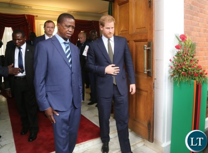 President Edgar Lungu bids farewell to Prince Harry the Duke of Sussex at State House shortly after the Prince called on the President