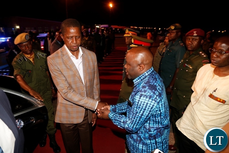 President Edgar Lungu being welcomed by Minister of Home Affairs Stephen Kapyongo shortly after his arrival at City Airport yesterday 18-11-2018. Picture by ROYD SIBAJENE/ZANIS
