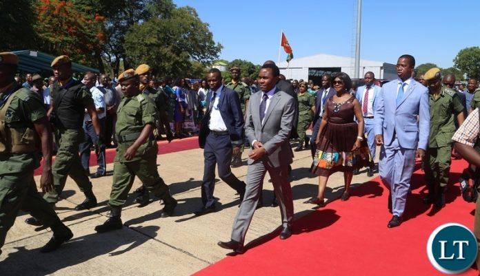 President Edgar Lungu with Minister of Finance Margrate Mwanakatwe on his arrival at Harry Mwanga Nkumbula International Airport in Livingston for IDA Conference in Livingston