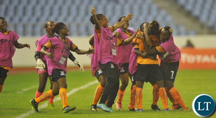 Ireen Lungu of Zambia celebrates goal with teammates during the 2018 TOTAL African Womens Cup of Nations match between Zambia and Equatorial Guinea the 18 November 2018 at Cape Coast Stadium, Ghana / Pic Sydney Mahlangu/BackpagePix Ireen Lungu of Zambia celebrates goal with teammates during the 2018 TOTAL African Womens Cup of Nations match between Zambia and Equatorial Guinea the 18 November 2018 at Cape Coast Stadium, Ghana / Pic Sydney Mahlangu/BackpagePix