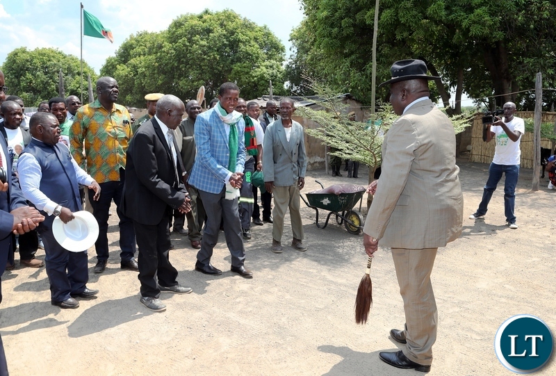 President Edgar Lungu greets Chief Mwene Mutondo at His Palace