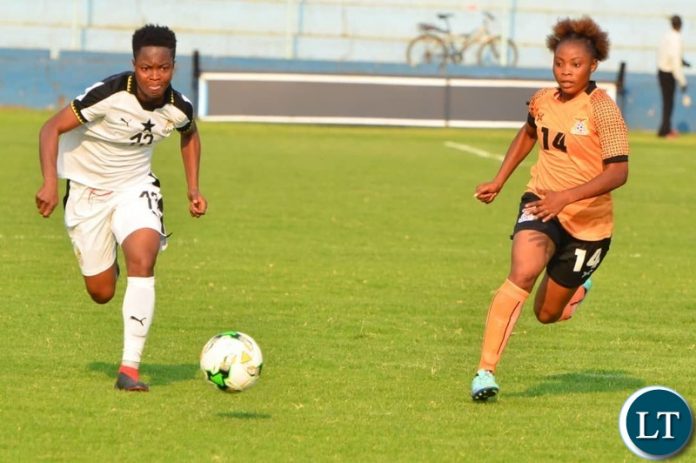 Ghana Black Queens forward Jane Ayieyem battles for the ball with Shepolopolo Zambia midfielder Hellen Chanda in a Women's international friendly played at Nkoloma Stadium in Lusaka on November 3. Shepolopolo won 3-2. Ghana Black Queens forward Jane Ayieyem battles for the ball with Shepolopolo Zambia midfielder Hellen Chanda in a Women's international friendly played at Nkoloma Stadium in Lusaka on November 3. Shepolopolo won 3-2.