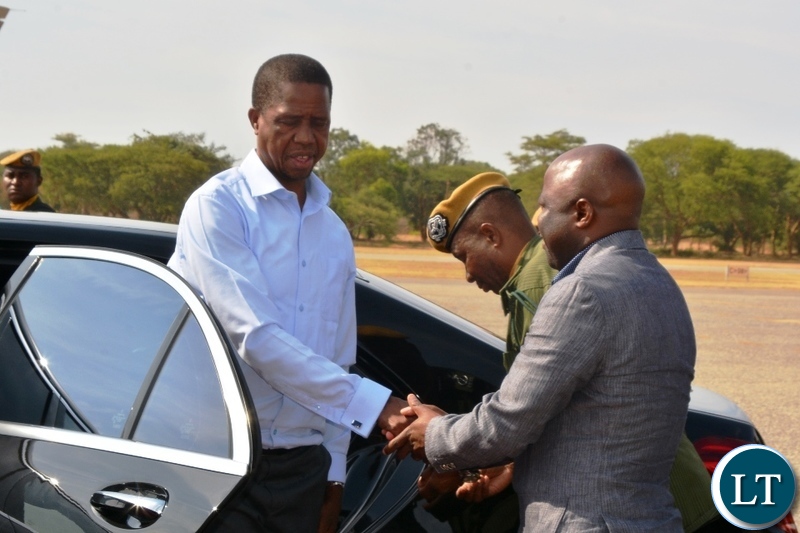 President Edgar Lungu is welcomed by Minister of Home Affairs,Stephen Kapyongo before departure for western Province for a day working visit at City Airport.