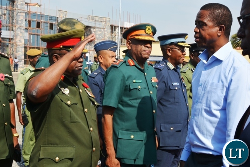 President Edgar Lungu is welcomed by service chiefs before leaving for western Province for a day working visit at City Airport.