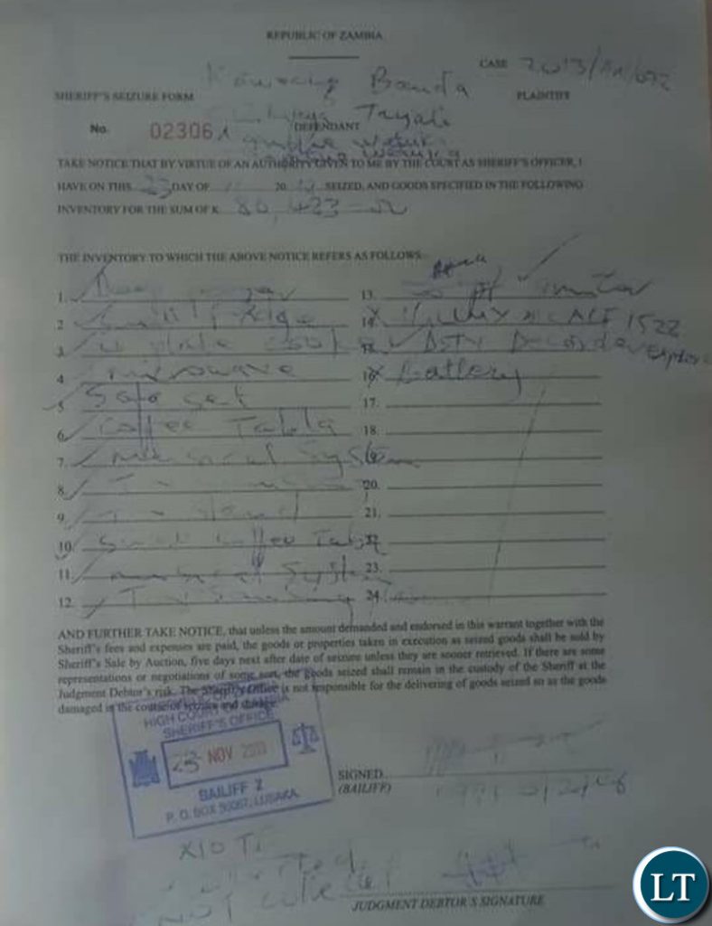 Court documents allowing the seizure of Mr. Tayali’s household property