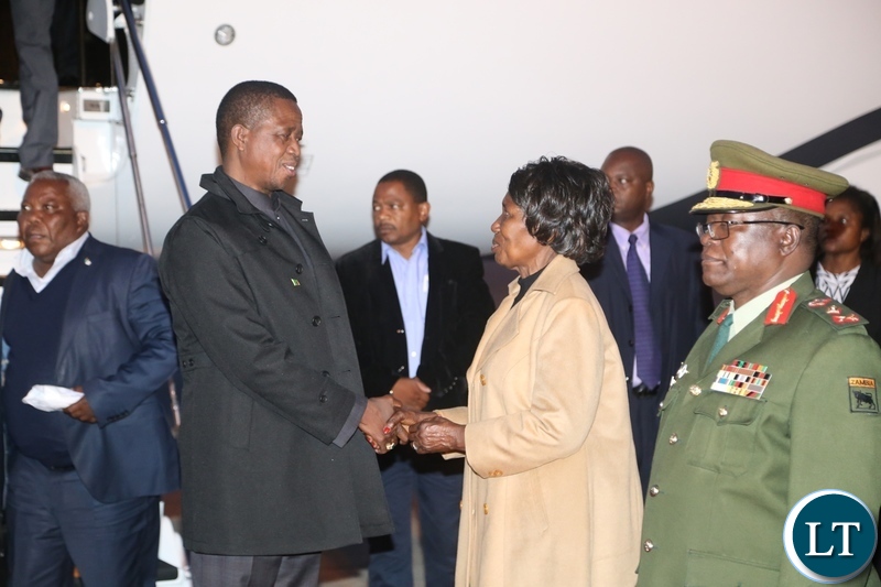 President Edgar Lungu being welcomed by Vice President Inonge Wina on his arrival at Kenneth Kaunda International Airport from Japan state visit