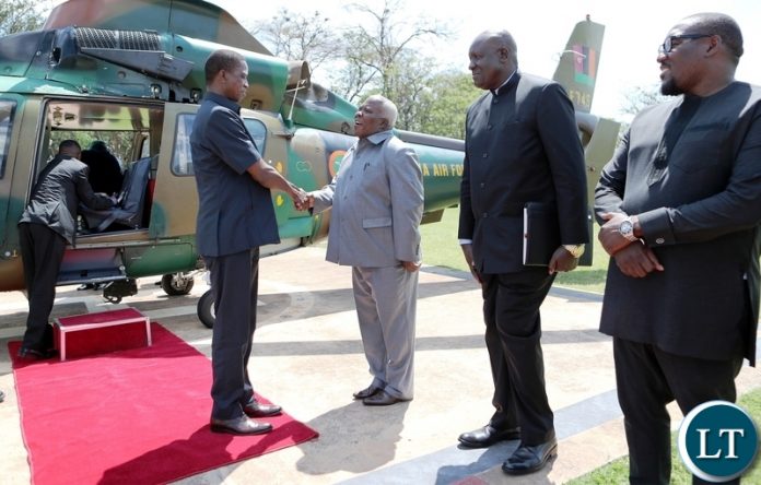 President Edgar Chagwa Lungu being welcomed by Presidential Affairs Minister Freedom Sikazwe at State House upon arrival from Luangwa Valley National Park where he had gone on a working vacation -Pictures By Eddie Mwanaleza/State house 03-12-2018 President Edgar Chagwa Lungu being welcomed by Presidential Affairs Minister Freedom Sikazwe at State House upon arrival from Luangwa Valley National Park where he had gone on a working vacation -Pictures By Eddie Mwanaleza/State house 03-12-2018