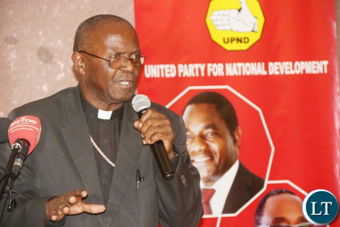 FILE: Former Archbishop Telesphore Mpundu delivers his remarks during the UPND 20th anniversary dinner on Friday night Archbishop Telesphore Mpundu delivers his remarks during the UPND 20th anniversary dinner on Friday night
