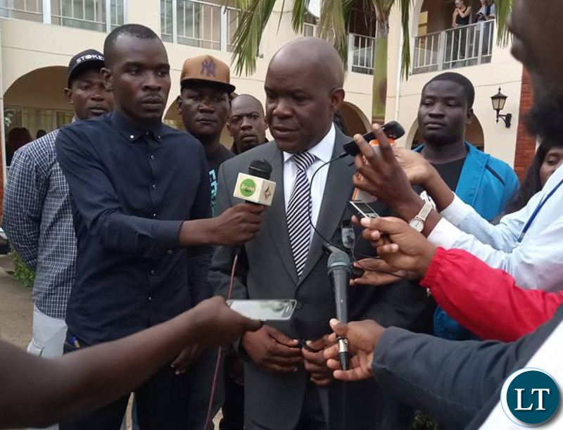 Socialist Party President Fred M'membe speaking to journalists after the dialogue meeting.