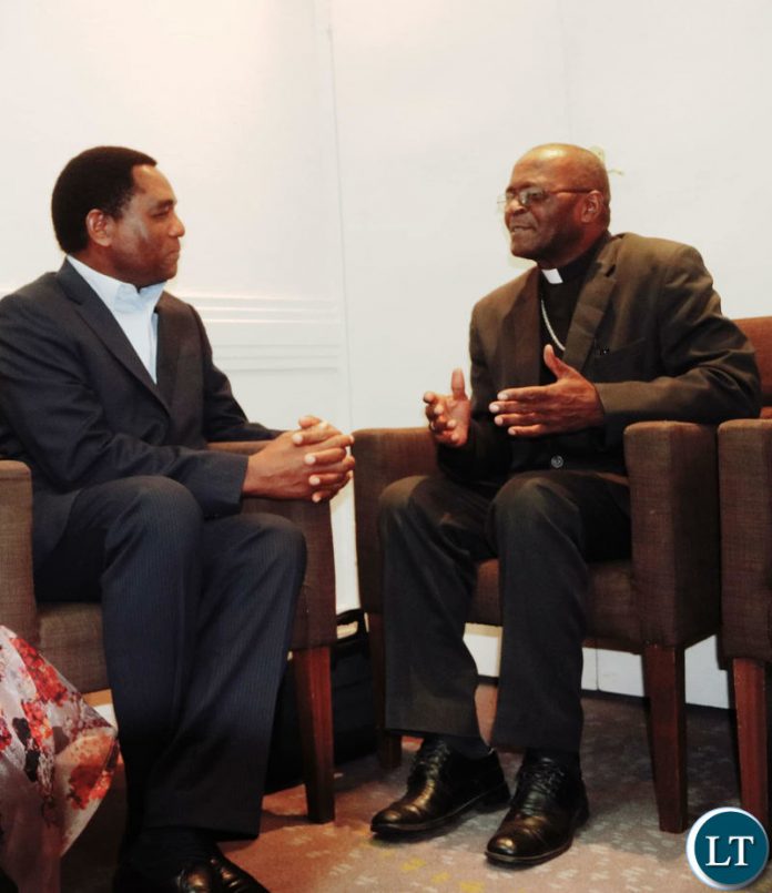 HH having a side meeting with Archbishop Telesphore Mpundu during the UPND 20th anniversary dinner on Friday night