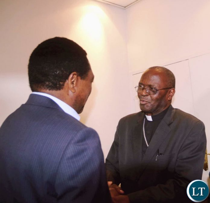 HH meets Archbishop Telesphore Mpundu during the UPND 20th anniversary dinner on Friday night