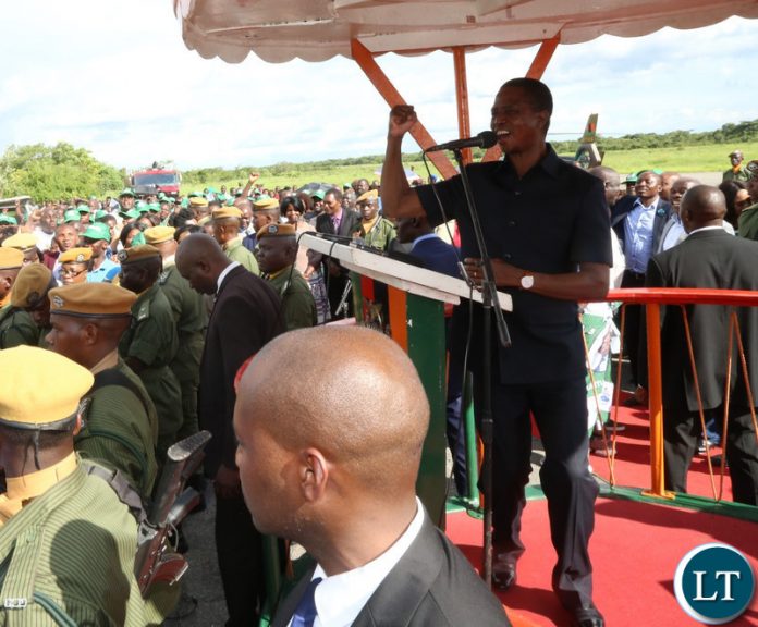 President Edgar Lungu addressing a gathering on arrival at South Down Airport in Kalulushu District President Edgar Lungu addressing a gathering on arrival at South Down Airport in Kalulushu District