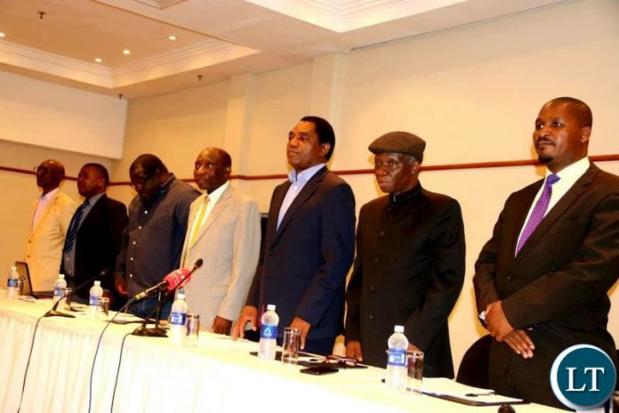 Leaders of opposition party leaders during a news briefing at Pamodzi Hotel on Sunday