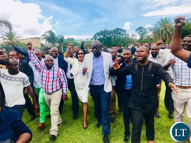 PF Secretary General Davies Mwila leads the celebrations after the ConCourt ruling