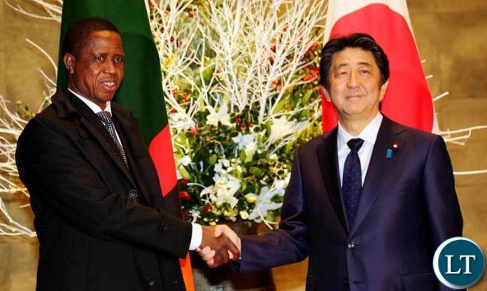 President Edgar Chagwa Lungu (left) being welcomed by Japanese Prime Minister Shinzo Abe at his residence in Tokyo,Japan on Wednesday,December 19,2018. PICTURE BY SALIM HENRY/STATE HOUSE ©2018