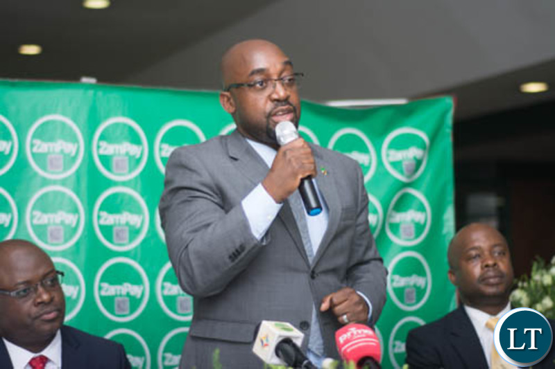 Transport and Communications Minister Brian Mushimba speaking during the launch of ZamPay