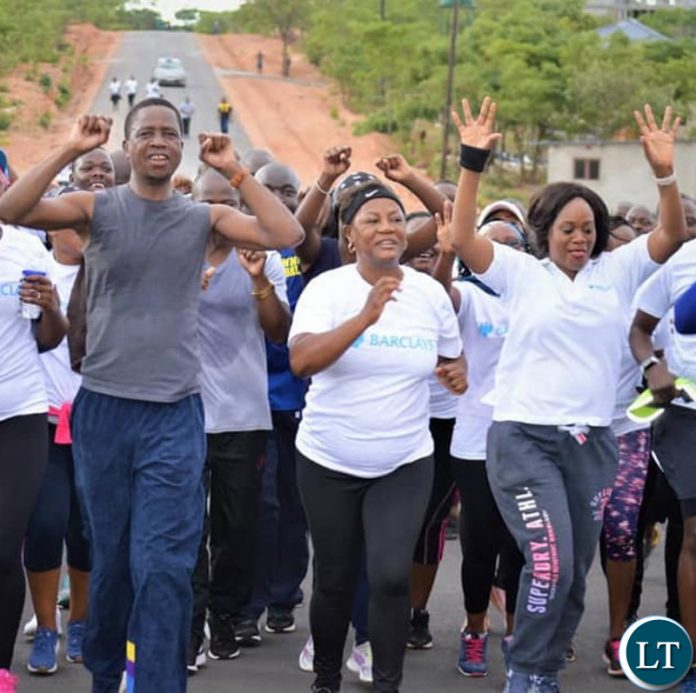 President Edgar Chagwa Lungu leads the fitness way President Edgar Lungu is joined by a team from Barclays Bank Zambia during his routine early morning run and exercises at State Lodge in Lusaka this morning.