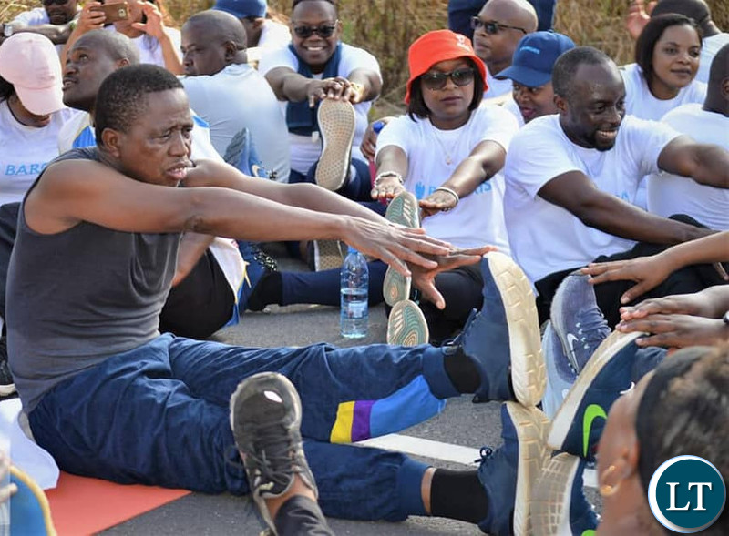 President Edgar Chagwa Lungu leads the fitness way President Edgar Lungu is joined by a team from Barclays Bank Zambia during his routine early morning run and exercises at State Lodge in Lusaka this morning.