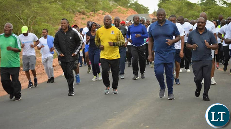 President Edgar Chagwa Lungu leads the fitness way President Edgar Lungu is joined by a team from Barclays Bank Zambia during his routine early morning run and exercises at State Lodge in Lusaka this morning.