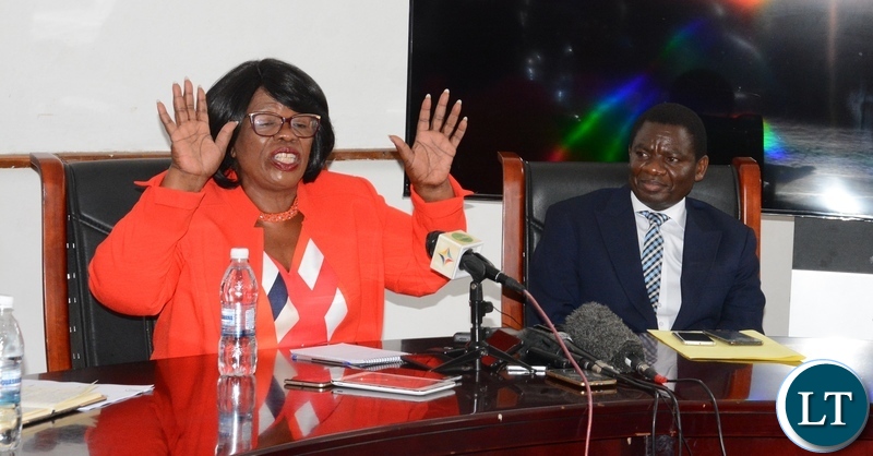 Minister of High Education Nkandu Luo speaking to Journalists whilst Minister of General Education David Mabumba listens during the Joint Media Briefing at Ministry of High Education yesterday 14-01-2019. Picture by ROYD SIBAJENE/ZANIS