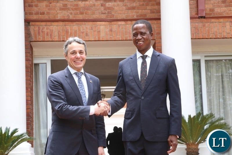 President Edgar Lungu confers with Federal Councillor and head of the department for foreign affairs of Switzerland Mr. Ignazio Cassis at State House shortly after the meeting