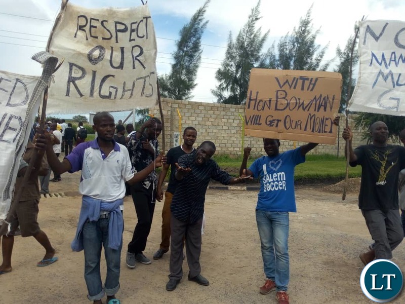 Eva Products workers protesting before Lusaka Province Minister Bowman Lusambo addressed them over a labour dispute