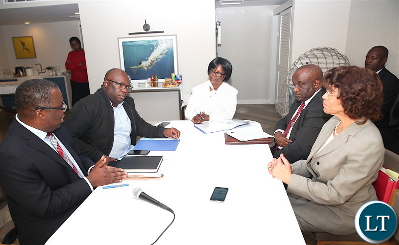First Lady Esther Lungu during a meeting with Zambia's deputy Ambassador to Washington DC James Chisenga, Local government Permanent Secretary Amos Malupenga, Los Angelese -Lusaka Sister City Committe Chairman Dr Ernestine Robertson (R) and Dr Mwelwa Mulenga (L) in California where she is expected to receive Fire trucks donated to the Esther Lungu Foundation Trust by the Los Angeles-Lusaka Sister City Committee and the Mayor of Los Angelese in the United States of America on Saturday, January 19,2019-Pictures by THOMAS NSAMA