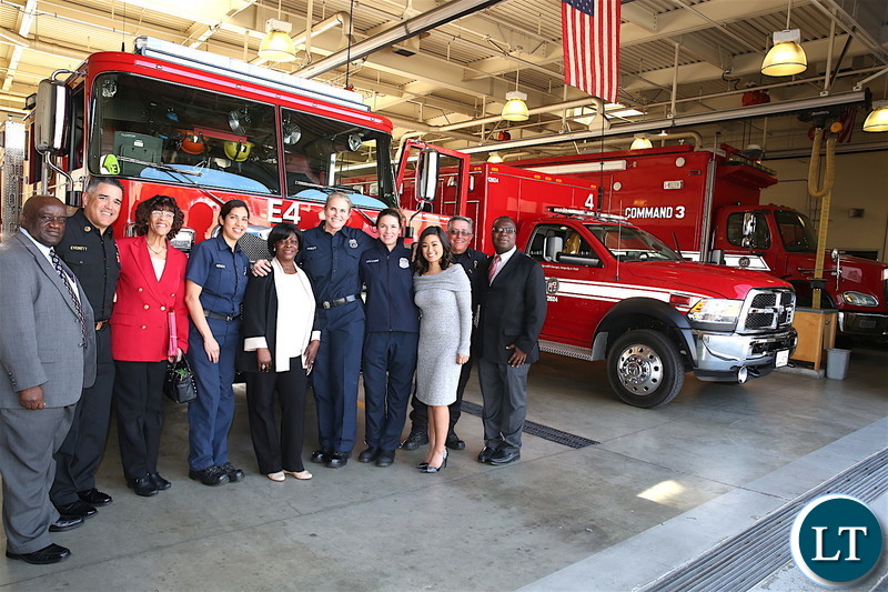 First Lady Esther Lungu with fire fighters during a tour of Los Angeles Fire Department- Fire Station 4 in California, United States of America on Tuesday, January 22,2019-Pictures by THOMAS NSAMA