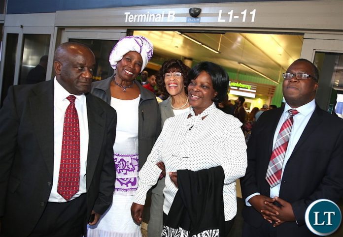 First Lady Esther Lungu with Zambia's deputy Ambassador to Washington DC James Chisenga (L), Los Angeles-Lusaka Sister City Committee Project Director Lidia Brown, Los Angelese -Lusaka Sister CityCommitte Chairman Dr Ernestine Robertson and Dr Mwelwa Mulenga (R) shortly after she arrived at Los Angeles International Airport in California where she is expected to receive Fire trucks donated to the Esther Lungu Foundation Trust by the Los Angeles-Lusaka Sister City Committee and the Mayor of Los Angelese in the United States of America on Saturday, January 19,2019-Pictures by THOMAS NSAMA First Lady Esther Lungu with Zambia's deputy Ambassador to Washington DC James Chisenga (L), Los Angeles-Lusaka Sister City Committee Project Director Lidia Brown, Los Angelese -Lusaka Sister CityCommitte Chairman Dr Ernestine Robertson and Dr Mwelwa Mulenga (R) shortly after she arrived at Los Angeles International Airport in California where she is expected to receive Fire trucks donated to the Esther Lungu Foundation Trust by the Los Angeles-Lusaka Sister City Committee and the Mayor of Los Angelese in the United States of America on Saturday, January 19,2019-Pictures by THOMAS NSAMA