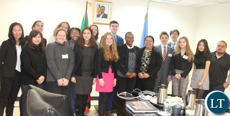 Zambia’s Deputy Permanent Representative to the United Nations (UN), Ms Christine Kalamwina (centre), with students from Columbia University’s International Relations Council and Association during their visit to the Zambia Mission under the Columbia Model United Nations Conference and Exposition (CMUNCE) Diplomatic Visit Program last week. Picture by WALLEN SIMWAKA/ZAMBIA MISSION